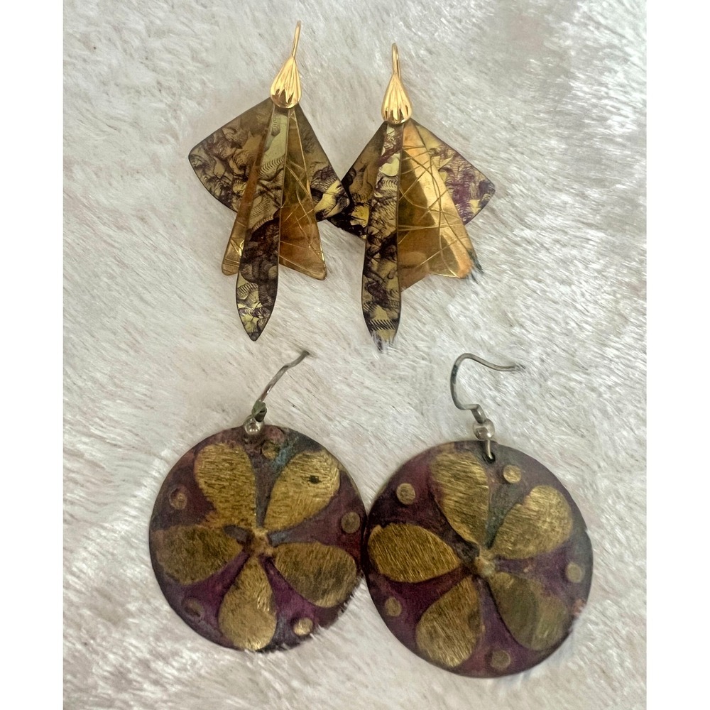 Vintage Boho Earrings Lot Brass Fan Dangles + Floral Disc Lightweight Statement